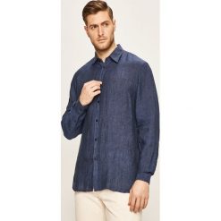 Trussardi Jeans - Koszula. Niebieskie koszule męskie Trussardi Jeans, bez wzorów, ze lnu, klasyczne, z włoskim kołnierzykiem, z długim rękawem. Za 549,90 zł.