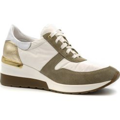 Sportowe białe sneakersy typu chunky ze złotą wstawką w podeszwie 278A. Białe buty sportowe damskie Neścior, z materiału. W wyprzedaży za 249,00 zł.