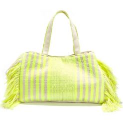Torba z odblaskowymi paskami, frędzle. Żółte torby damskie na zakupy marki La Redoute Collections, w paski, z bawełny. Za 141,08 zł.