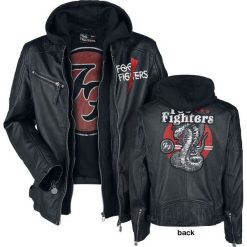 Foo Fighters EMP Signature Collection Kurtka skórzana czarny. Czarne kurtki męskie bomber Foo Fighters, l, z aplikacjami, ze skóry, z kapturem. Za 599,90 zł.