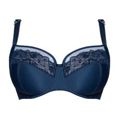 Biustonosz w kolorze granatowym. Niebieskie biustonosze Samanta, w koronkowe wzory, z koronki. W wyprzedaży za 152,95 zł.