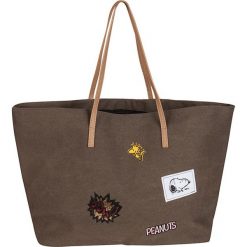 Shopper bag damskie: Shopper bag „Peanuts” w kolorze brązowym ze wzorem – 54 x 34 x 18 cm