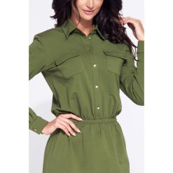 Sukienka koszulowa z gumką w pasie - zielony, XXL. Zielone sukienki damskie e-margeritka.pl, do pracy, xl, bez wzorów, z bawełny, eleganckie, z wykładanym kołnierzem, z długim rękawem, długie, midi, dopasowane. Za 169,99 zł.
