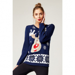Sweter w kolorze granatowym. Niebieskie swetry klasyczne damskie marki SCUI, z okrągłym kołnierzem. W wyprzedaży za 139,95 zł.