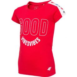 T-shirt dziewczęcy (98-116) JTSD103A - czerwony. Czerwone bluzki dziewczęce marki 4F JUNIOR, z nadrukiem, z materiału, bez kołnierzyka, bez rękawów, bez kaptura. Za 34,99 zł.