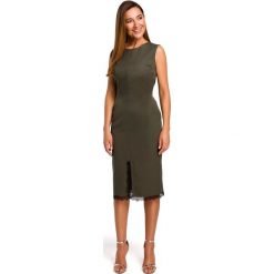 Sukienka z rozcięciem na dole i koronką - khaki. Brązowe sukienki damskie Style, s, w koronkowe wzory, z poliesteru, wizytowe, bez kołnierzyka, bez rękawów, dopasowane. W wyprzedaży za 169,00 zł.