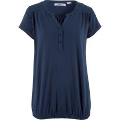 Shirt bawełniany z dekoltem henley, krótki rękaw bonprix ciemnoniebieski. Niebieskie koszulki damskie bonprix, bez wzorów, z bawełny, bez kołnierzyka. Za 54,99 zł.