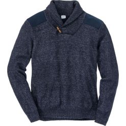 Sweter z szalowym kołnierzem bonprix ciemnoniebiesko-biel wełny melanż. Niebieskie swetry męskie bonprix, s, bez wzorów, z wełny, z kontrastowym kołnierzykiem, bez kaptura. Za 89,99 zł.