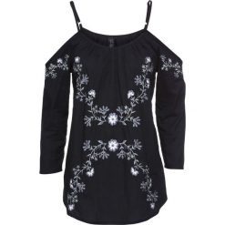 Bluzka z haftem bonprix czarny. Czarne koszulki damskie bonprix, z haftami, bez kołnierzyka. Za 44,99 zł.