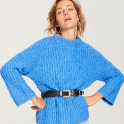 Dzianinowy sweter z ozdobnym splotem - Niebieski. Niebieskie swetry klasyczne damskie Reserved, l, z dzianiny. Za 139,99 zł.