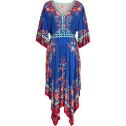Sukienka z paskiem, w deseń boho bonprix ciemnoniebieski z nadrukiem. Niebieskie sukienki damskie bonprix, z nadrukiem, boho, bez kołnierzyka, bez rękawów. Za 129,99 zł.