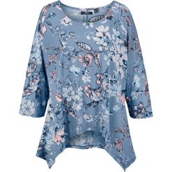 Shirt oversize z dłuższymi bokami bonprix matowy niebieski w kwiaty. Niebieskie koszulki damskie bonprix, w kwiaty, bez kołnierzyka, bez rękawów. Za 42,99 zł.