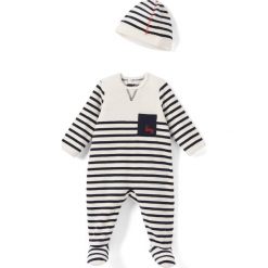 Piżama w paski z czapeczką 0 - 3 lata. Szare bielizna chłopięca marki La Redoute Collections, w paski, z bawełny. Za 100,76 zł.
