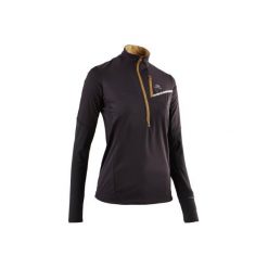 Bluza do biegania softshell damska czarno-brązowa. Czarne bluzy damskie KALENJI, na zimę, bez wzorów, z elastanu, bez rękawów, bez kaptura. Za 119,99 zł.