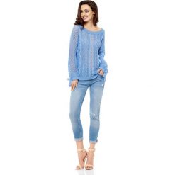 Szafirowy Sweter Ażurowy z Kokardkami przy Rękawach. Niebieskie swetry damskie Molly.pl, s, bez wzorów, ze splotem, eleganckie, z długim rękawem, długie, bez kaptura. Za 129,90 zł.