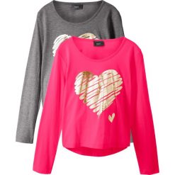 Shirt dziewczęcy z długim rękawem (2 szt.) bonprix szary melanż - różowy hibiskus. Szare bluzki dziewczęce bonprix, z nadrukiem, bez kołnierzyka, z długim rękawem, długie, bez kaptura. Za 59,98 zł.