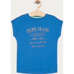 Pepe Jeans - T-shirt dziecięcy Jasmine 128-176 cm. Niebieskie bluzki dziewczęce Pepe Jeans, z nadrukiem, z bawełny, z okrągłym kołnierzem, z krótkim rękawem, krótkie, bez kaptura. Za 89,90 zł.