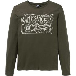 Shirt z długim rękawem bonprix ciemnooliwkowy z nadrukiem. Zielone koszulki męskie bonprix, s, z nadrukiem, bez kołnierzyka, z długim rękawem, długie. Za 39,99 zł.