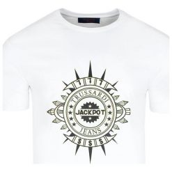 T-shirt Trussardi Jeans. Niebieskie t-shirty męskie m, bez wzorów, z jeansu, z włoskim kołnierzykiem. Za 99,00 zł.