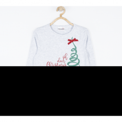 Koszulka. Czerwone bluzki dziewczęce bawełniane Merry Christmas, melanż, z kokardą, z długim rękawem. Za 45,90 zł.