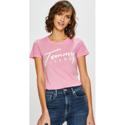 Tommy Jeans - Top. Różowe topy damskie Tommy Jeans, l, z nadrukiem, z bawełny, z okrągłym kołnierzem. Za 139,90 zł.