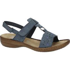 Niebieskie sandały z cyrkoniami rieker 60843-14. Niebieskie sandały damskie Rieker, bez wzorów, ze skóry ekologicznej, klasyczne, bez obcasa, bez zapięcia. Za 249,99 zł.