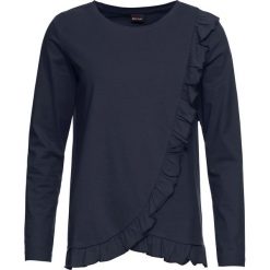 Shirt z falbankami bonprix ciemnoniebieski. Niebieskie koszulki damskie bonprix, bez wzorów, z okrągłym kołnierzem, z długim rękawem. Za 54,99 zł.