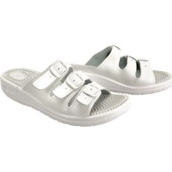SANITAL FLEX KF-03 biały, klapki, fakirki damskie. Białe klapki damskie Sanital-Flex, w paski, bez obcasa. Za 66,90 zł.
