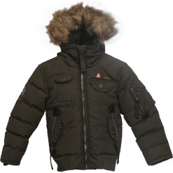 Kurtka zimowa w kolorze khaki. Brązowe kurtki chłopięce marki Peak Mountain, na zimę, prążkowane. W wyprzedaży za 195,95 zł.