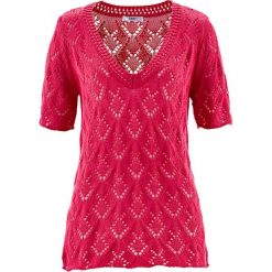 Sweter ażurowy, krótki rękaw bonprix różowy hibiskus. Czerwone swetry klasyczne damskie bonprix, z dekoltem w serek. Za 44,99 zł.