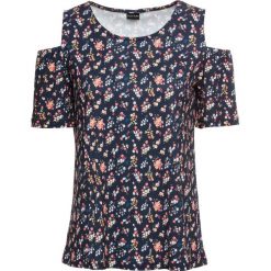 Shirt z wycięciami na ramionach bonprix ciemnoniebieski z nadrukiem. Niebieskie koszulki damskie marki bonprix, z nadrukiem, z dżerseju, bez kołnierzyka. Za 49,99 zł.
