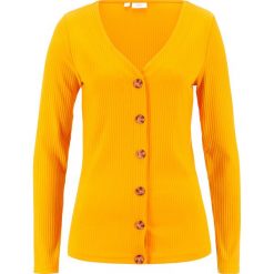 Shirt z długim rękawem w prążek, z plisą guzikową bonprix żółty szafranowy. Żółte koszulki damskie bonprix, bez wzorów, z elastanu, bez kołnierzyka. Za 49,99 zł.