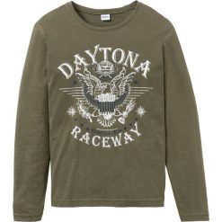 Shirt z długim rękawem i nadrukiem bonprix ciemnooliwkowy z nadrukiem. Zielone koszulki męskie bonprix, s, z nadrukiem, z okrągłym kołnierzem, z długim rękawem, długie. Za 44,99 zł.