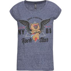 Shirt z rockowym nadrukiem bonprix kobaltowy melanż. Niebieskie koszulki damskie marki bonprix, z nadrukiem, z krótkim rękawem. Za 44,99 zł.