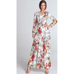 Sukienka maxi z wycięciami na rękawach - kwiaty/ecru. Sukienki damskie NIFE, na lato, xl, w kwiaty, z poliesteru, bez kołnierzyka, z długim rękawem, długie, maxi, rozkloszowane. Za 249,00 zł.