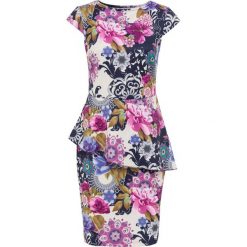 Sukienka w kwiatowy deseń bonprix kremowo-ciemnoniebiesko-lila w kwiaty. Brązowe sukienki damskie bonprix, w kwiaty, z neoprenu, eleganckie, z okrągłym kołnierzem, bez rękawów, baskinki. Za 149,99 zł.