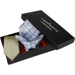 Zestaw Krawat Plus Poszetka. Żółte poszetki męskie LANCERTO, w geometryczne wzory, eleganckie. W wyprzedaży za 99,90 zł.