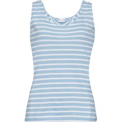Top w paski, z koronką bonprix jasnoniebiesko-biel wełny w paski. Niebieskie bluzki damskie bonprix, w paski, z wełny, bez kołnierzyka. Za 59,99 zł.