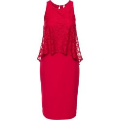 Sukienka z koronką bonprix magenta. Fioletowe sukienki damskie bonprix, w koronkowe wzory, z koronki, eleganckie, bez kołnierzyka, bez rękawów, dopasowane. Za 59,99 zł.