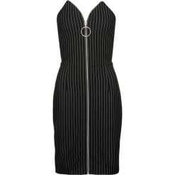 Sukienka z zamkiem z przodu bonprix czarno-biały w paski. Czarne sukienki damskie bonprix, w paski, z żakardem, eleganckie, bez kołnierzyka, bez rękawów. Za 99,99 zł.