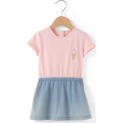 Krótka sukienka w paski. Niebieskie sukienki niemowlęce marki La Redoute Collections, w paski, z bawełny, z krótkim rękawem, krótkie, mini. Za 83,12 zł.