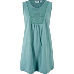Shirt bez rękawów, z koronką bonprix niebieski mineralny. Niebieskie koszulki damskie bonprix, w koronkowe wzory, z koronki, bez kołnierzyka, bez rękawów. Za 44,99 zł.