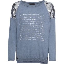 Shirt z cekinami, długi rękaw bonprix niebieski. Niebieskie swetry damskie bonprix, z nadrukiem, z długim rękawem, długie, bez kaptura. Za 119,99 zł.