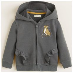 Mango Kids - Bluza dziecięca 80-104 cm. Szare bluzy dziewczęce Mango Kids, z nadrukiem, z elastanu, bez rękawów, z kapturem. Za 59,90 zł.