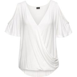 Shirt z wycięciami bonprix biel wełny. Białe koszulki damskie bonprix, bez wzorów, z wełny, z dekoltem w serek, bez rękawów. Za 59,99 zł.