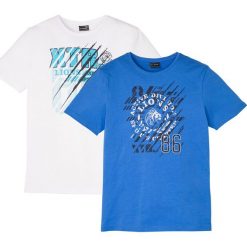 T-shirt (2 szt.) Slim Fit bonprix biały + niebieski. Białe koszulki męskie bonprix, xl, z nadrukiem, bez kołnierzyka, bez rękawów. Za 65,98 zł.
