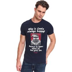 T-shirt ze świątecznym z nadrukiem. Niebieskie t-shirty męskie na zimę, xxl, z nadrukiem, z bawełny, wizytowe, krótkie. W wyprzedaży za 24,99 zł.