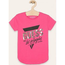 Guess Jeans - T-shirt dziecięcy 118-175 cm. Białe bluzki dziewczęce Guess Jeans, z nadrukiem, z elastanu, z okrągłym kołnierzem, z krótkim rękawem, krótkie, bez kaptura. W wyprzedaży za 79,90 zł.