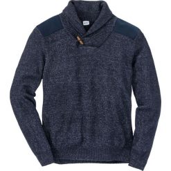 Sweter z szalowym kołnierzem Regular Fit bonprix ciemnoniebiesko-biel wełny melanż. Niebieskie swetry męskie bonprix, s, bez wzorów, z wełny, z kontrastowym kołnierzykiem, bez kaptura. Za 89,99 zł.