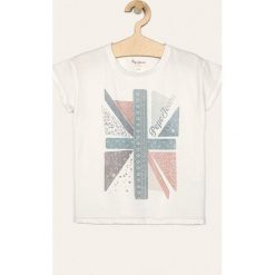Pepe Jeans - T-shirt dziecięcy Cassiopea 128-180 cm. Białe bluzki dziewczęce Pepe Jeans, z nadrukiem, z bawełny, z okrągłym kołnierzem, z krótkim rękawem, krótkie, bez kaptura. Za 119,90 zł.